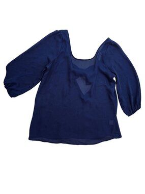 Everly Women's Sheer Navy Blue Top Size M Bow Detail 3/4 Sleeves Polyester